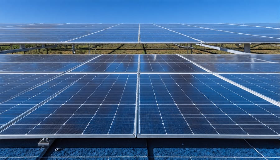 Aerial view of integrated renewable energy systems including solar panels, wind turbines, and agricultural land