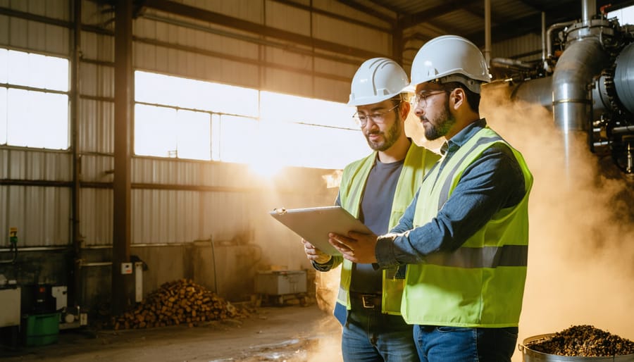 Japanese and Australian engineers examine stainless steel biomass equipment on a catwalk inside a rural facility, organized tools nearby and eucalyptus forest visible through side openings in warm golden light.
