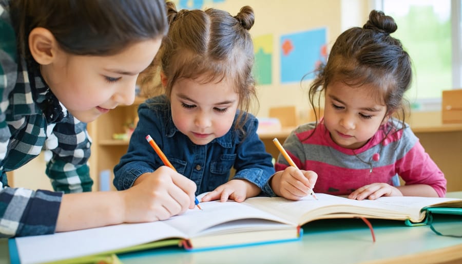 Kindergarten teacher and diverse group of young students sitting together working on collaborative writing project with environmental themes