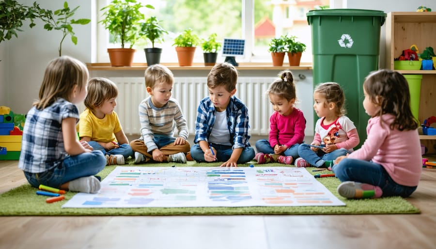 Teacher and diverse kindergarten children sit in a circle as one child holds a marker above blank chart paper, with a recycling bin, potted plants, and a small solar panel model softly blurred in the background under natural daylight.