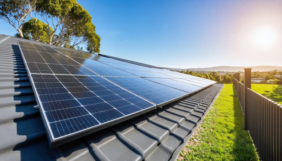 Two neighbors talking with solar panel covered house roof visible in background