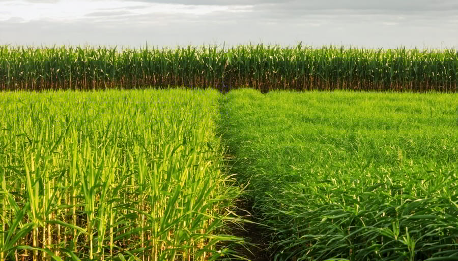 Aerial view of Queensland sugarcane fields with biomass processing facilities