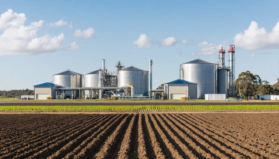Industrial biomass energy facility integrated into rural farming landscape with silos and agricultural fields