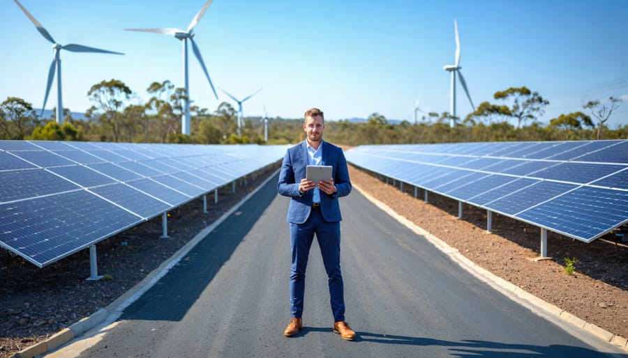 Business-casual investor holding a tablet on a service road in front of an operational solar farm with wind turbines and white battery storage units at golden hour, with eucalyptus and transmission lines fading into the background.