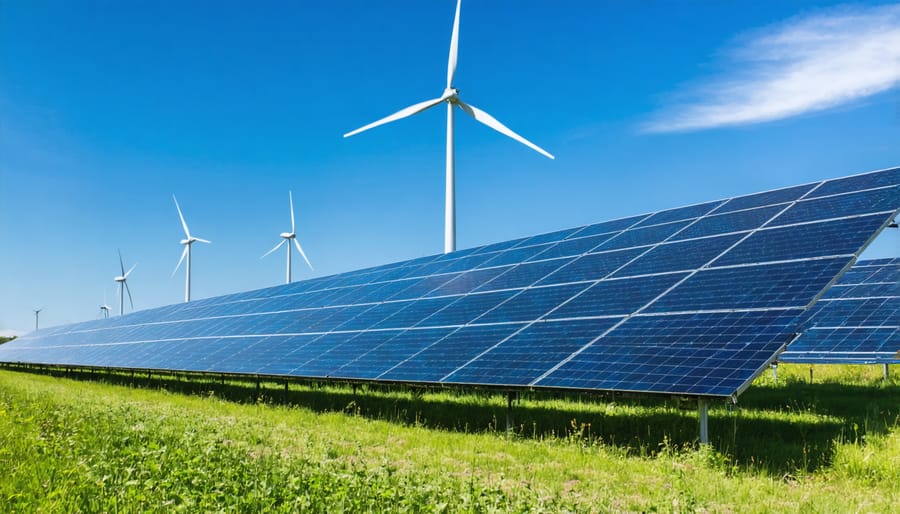 Aerial view of solar farm and wind turbines in Australian countryside