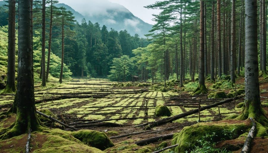 Japanese satoyama managed forest landscape showing sustainable forestry practices