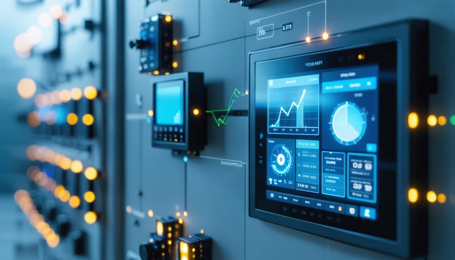 Person checking smart energy meter on home exterior with solar panels visible on roof