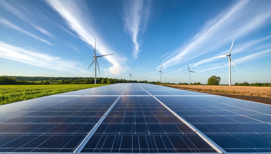 Diverse group of community leaders and stakeholders collaborating at renewable energy project site