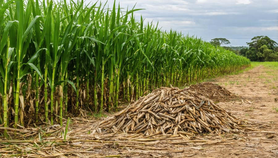 Aerial view of Australian sugarcane harvest showing bagasse residue collection for biomass energy