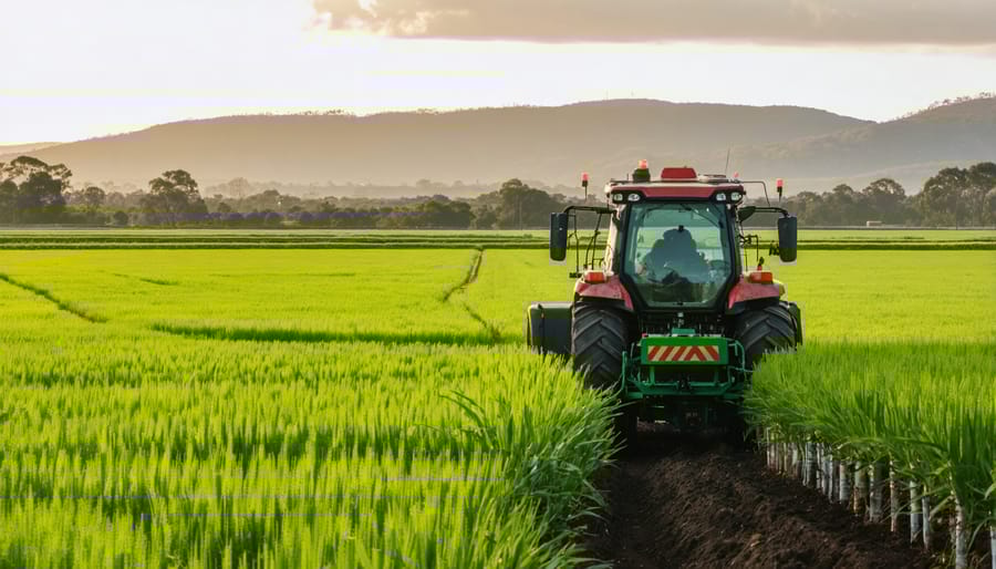Aerial view of Australian farm with integrated renewable energy systems and bioenergy facilities