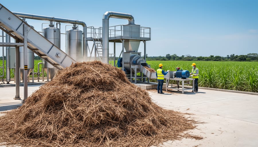 Pile of sugarcane bagasse agricultural waste material at processing facility