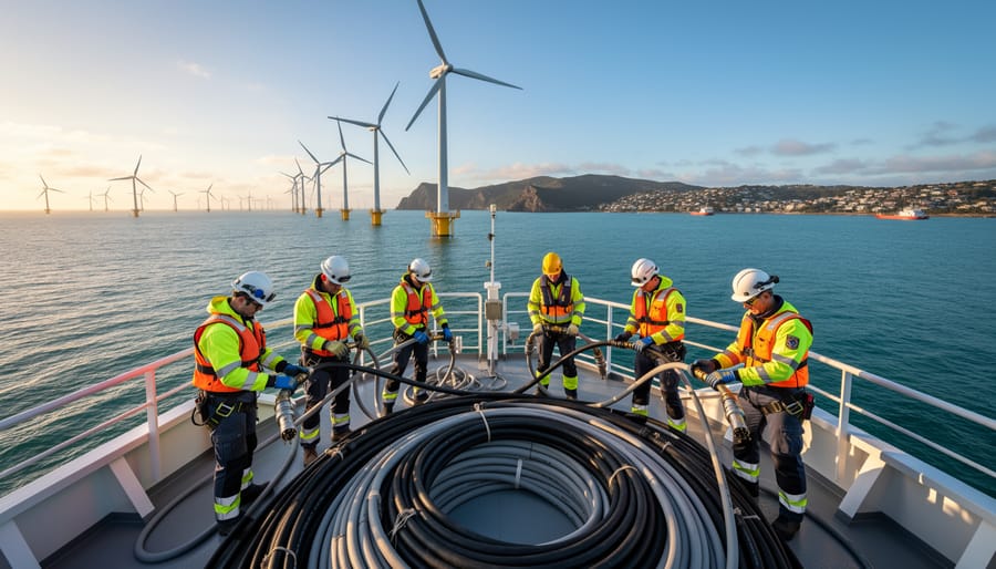 Crew in high-visibility gear on the deck of an offshore service vessel inspecting cables, with rows of offshore wind turbines and an Australian coastal headland in the background at golden hour.