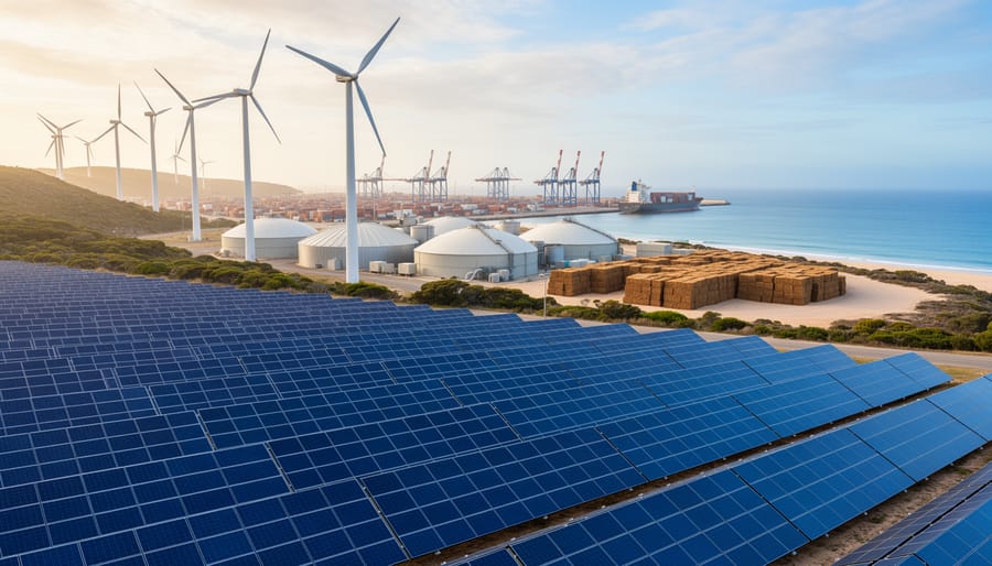 Solar arrays in the foreground, wind turbines on a coastal ridge, and a bioenergy facility beside an Australian container port with a cargo ship at golden hour.