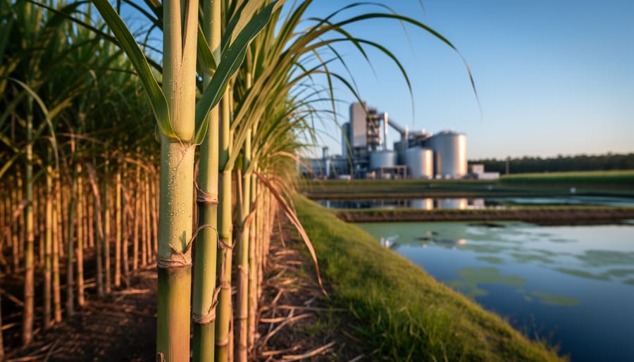 Close-up of sugarcane stalks in an Australian field at golden hour, with blurred switchgrass rows, algae ponds, and a modern bioethanol refinery in the background.