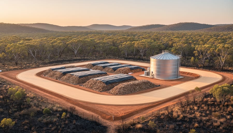 Australian bioenergy facility with covered woodchip piles and a steel water tank, separated from dry eucalypt bushland by a freshly graded firebreak at golden hour, with rolling gum trees and low hills in the background.