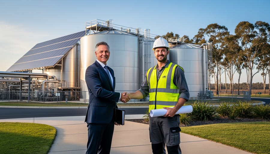 Banker in a suit and engineer in high-visibility vest and hard hat shaking hands in front of stainless-steel anaerobic digesters and solar panels at an Australian bioenergy plant, with eucalyptus trees in the background under warm golden hour light.
