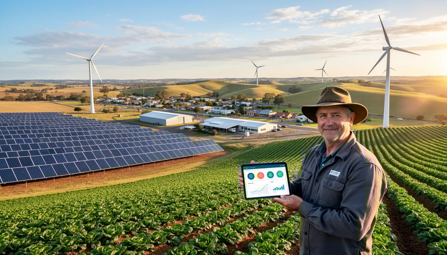 Aerial view of Australian farmland with renewable energy infrastructure showing agriculture and clean energy integration