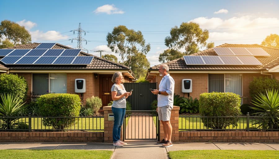 Two neighbours with smartphones talking over a front fence between Australian suburban houses fitted with rooftop solar panels and a wall-mounted battery at golden hour, with eucalyptus trees and distant power lines behind them.