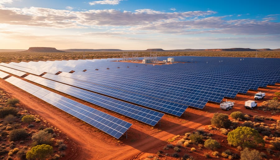 Aerial view of extensive solar panel farm in Australian desert landscape