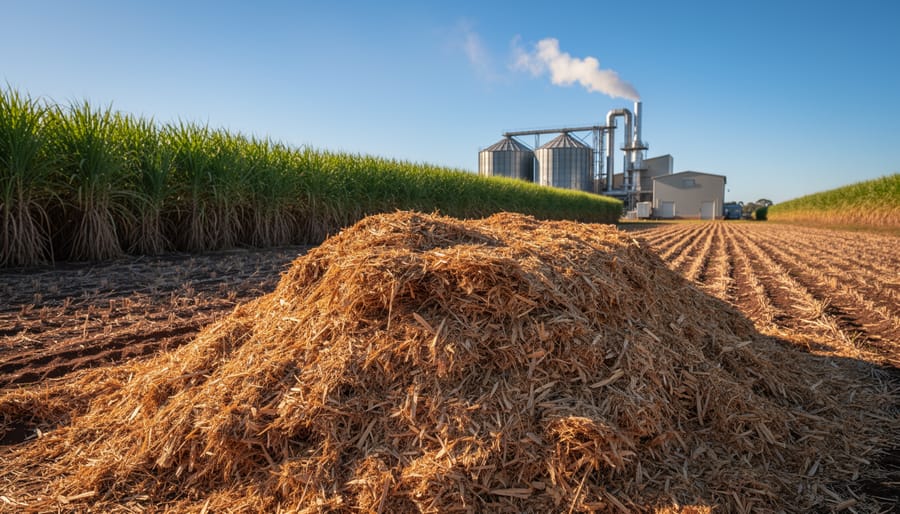 Aerial view of Australian sugarcane farm showing harvested cane and agricultural residue