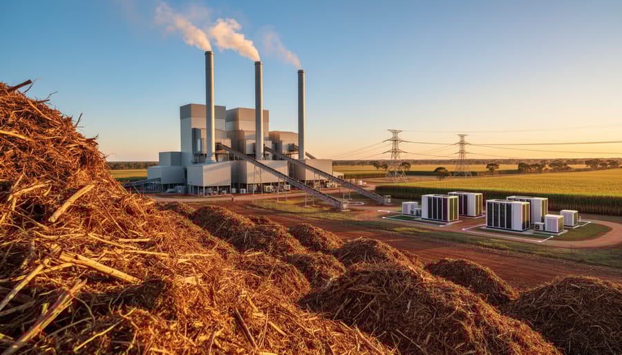 Sugarcane bagasse waste material at bioenergy facility in Australia