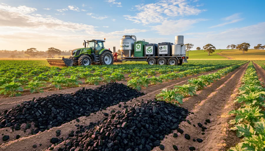 Close-up of enriched agricultural soil with biochar and healthy plant growth