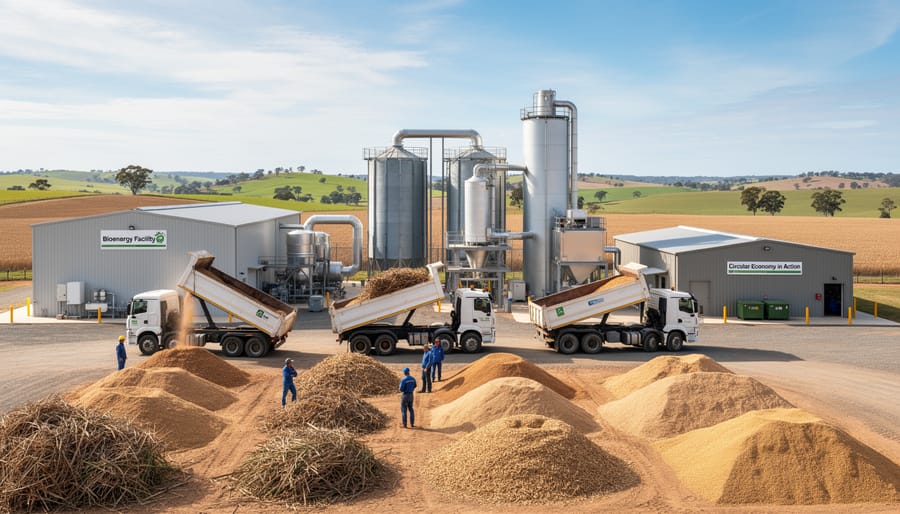 Biogas facility with agricultural waste materials in foreground