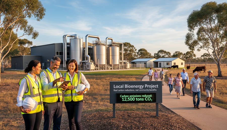 Close-up of biomass feedstock material at bioenergy facility with worker inspecting quality