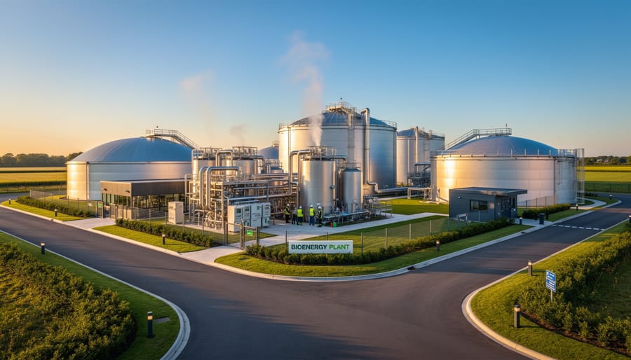 Industrial bioenergy facility with processing equipment and agricultural waste materials