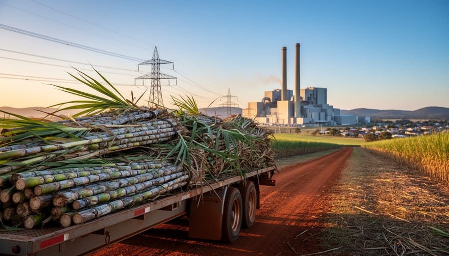 Freshly cut sugarcane on a farm trailer in the foreground with a modern biomass power plant and power lines extending toward an Australian town at golden hour.