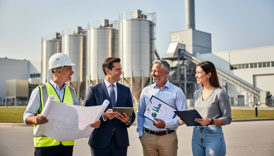 Professional team at operational bioenergy facility demonstrating project success