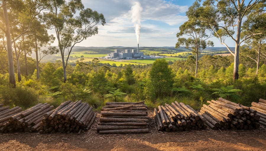 Edge of a native Australian eucalyptus forest with understory and stacked forestry residues in the foreground, with a modern biomass plant and farmland faintly visible in the distance at golden hour.