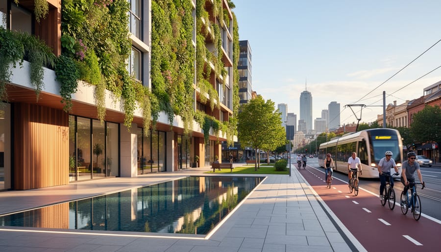 Biophilic mixed-use Australian city building with vertical green walls, timber detailing, and a reflecting water feature at street level during golden hour, with a tram, cyclists, and distant skyline in the background.
