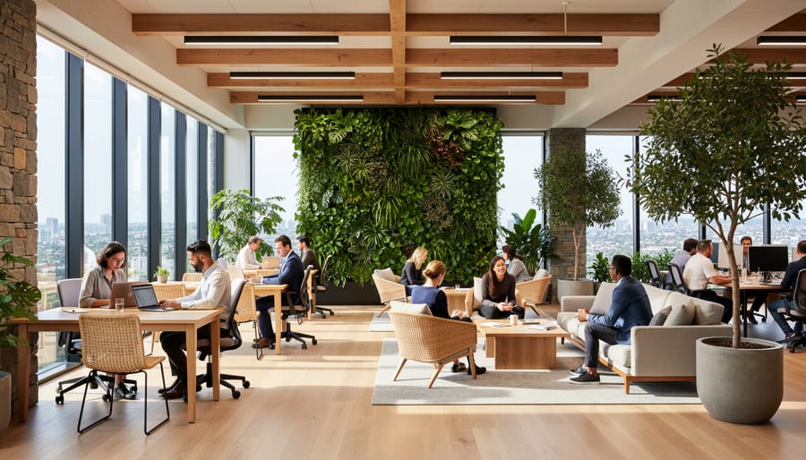 Modern office interior featuring large living green wall with native plants and natural timber furniture
