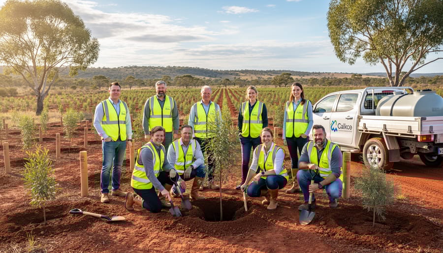 Business professionals examining native plants at carbon offset revegetation project site