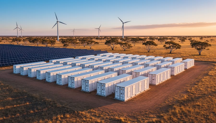 Aerial view of a large battery storage facility next to solar panels and wind turbines at sunset on Australian plains, warm side light and long shadows conveying reliable renewable power.