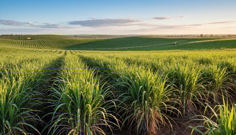 Aerial view of expansive sugarcane field in Queensland at golden hour