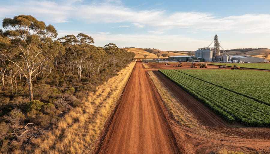 Aerial view of fire break separating Australian bushland from agricultural cropland