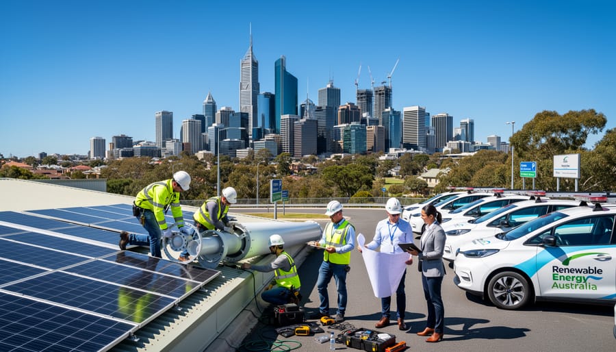 Solar installation technician working on rooftop solar panel installation