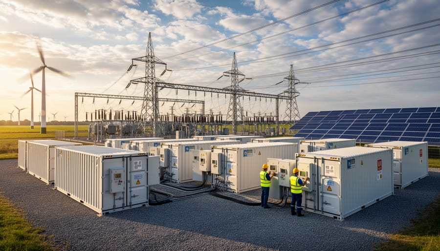 Electrical transmission infrastructure connecting renewable energy sources to the power grid at sunset