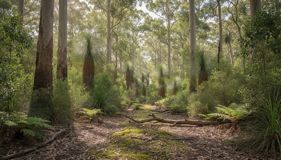 Dense eucalyptus forest with diverse native understory plants and ferns