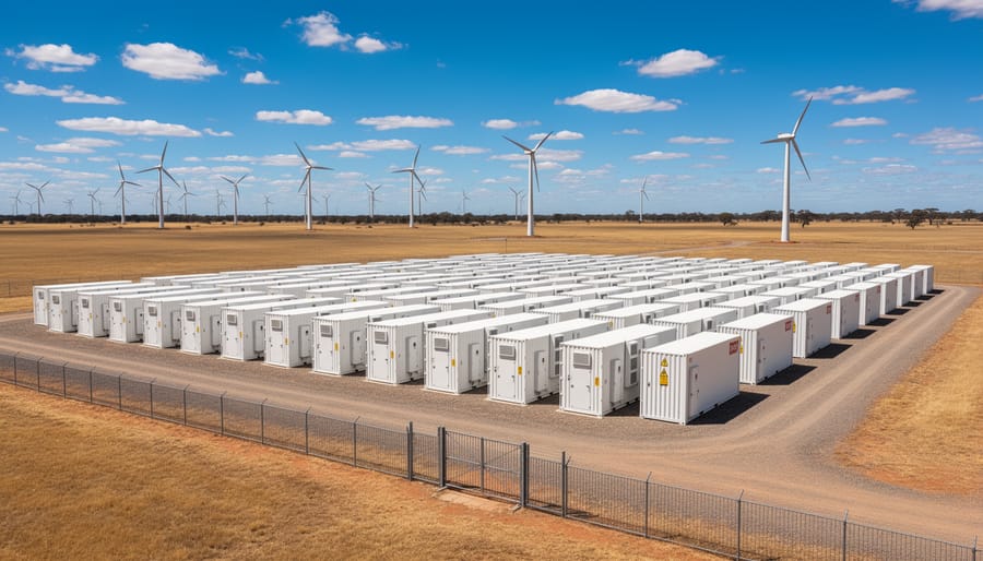 Large-scale battery energy storage installation showing rows of white battery containers at Hornsdale Power Reserve