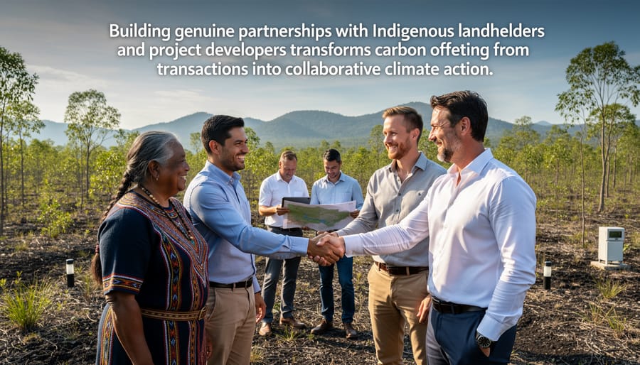 Corporate representative and Indigenous landowner shaking hands at carbon offset project site