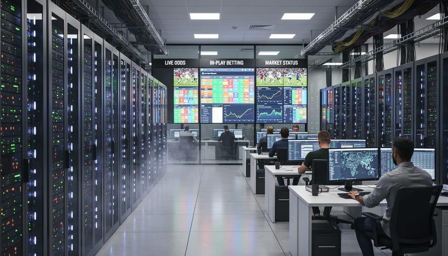 Data center server racks with green LED lights representing betting platform infrastructure