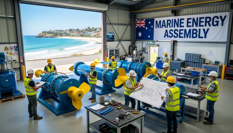 Team of workers collaborating in marine energy equipment manufacturing facility
