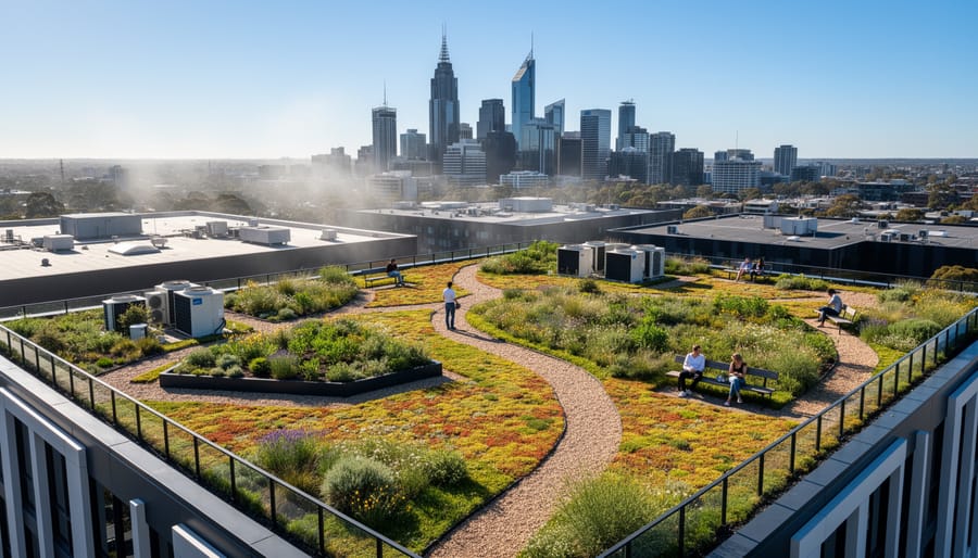 Rooftop garden with native Australian plants and grasses with Melbourne city skyline in background