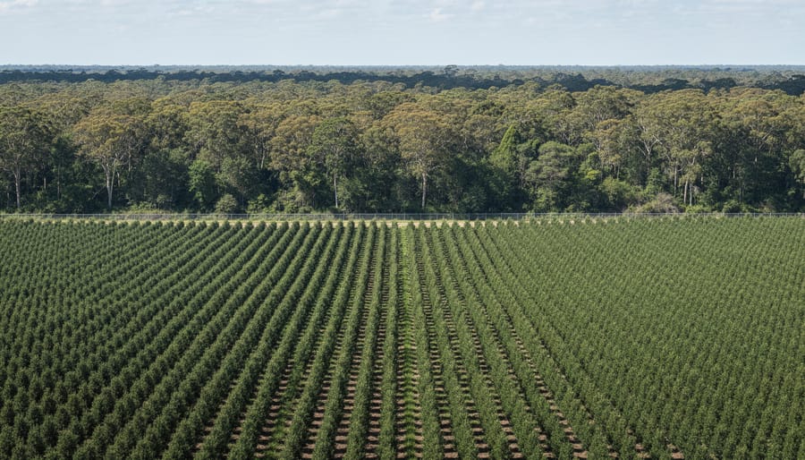 Rows of uniform tree plantation with barren ground showing minimal biodiversity