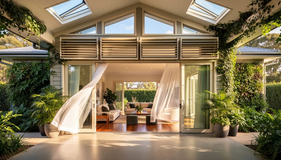 Modern home exterior showing natural ventilation design with open windows and native climbing plants on timber structures