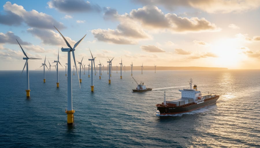 Offshore wind turbines standing in ocean waters during golden hour