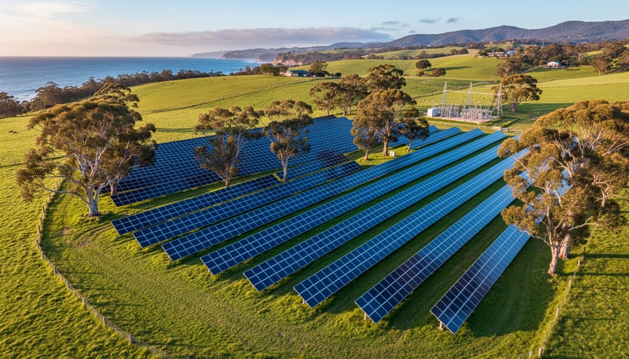 Aerial oblique view of a one-acre solar farm near Shoalhaven on Australia’s South Coast, with rows of blue panels across green pasture and gum trees, lit by warm golden hour light, farmland and distant coastal hills behind.